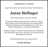 Traueranzeige Anton Hellinger