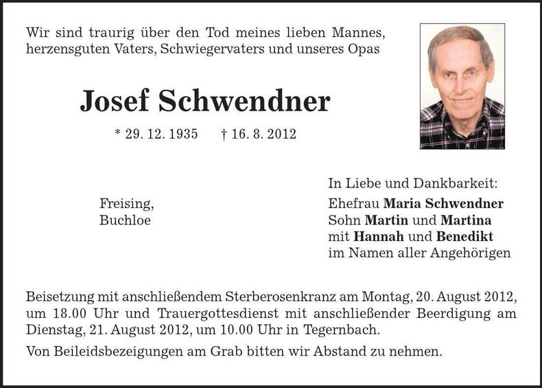 Traueranzeige Josef Schwendner