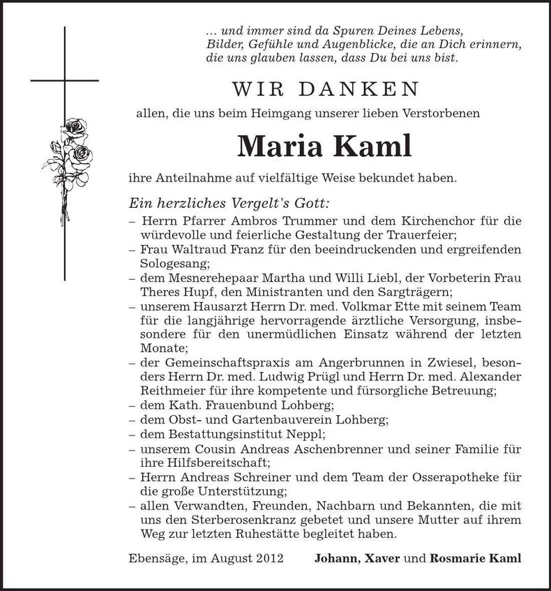Traueranzeige Maria Kaml