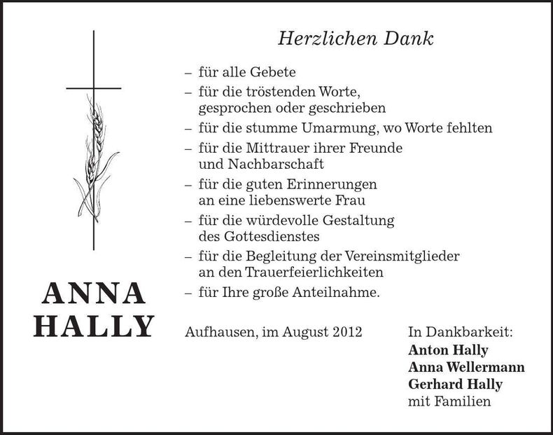 Traueranzeige Anna Hally