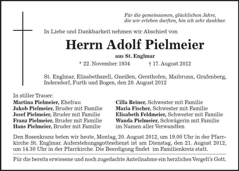 Traueranzeige Adolf Pielmeier