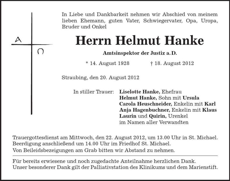 Traueranzeige Helmut Hanke