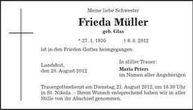 Traueranzeige Frieda Müller