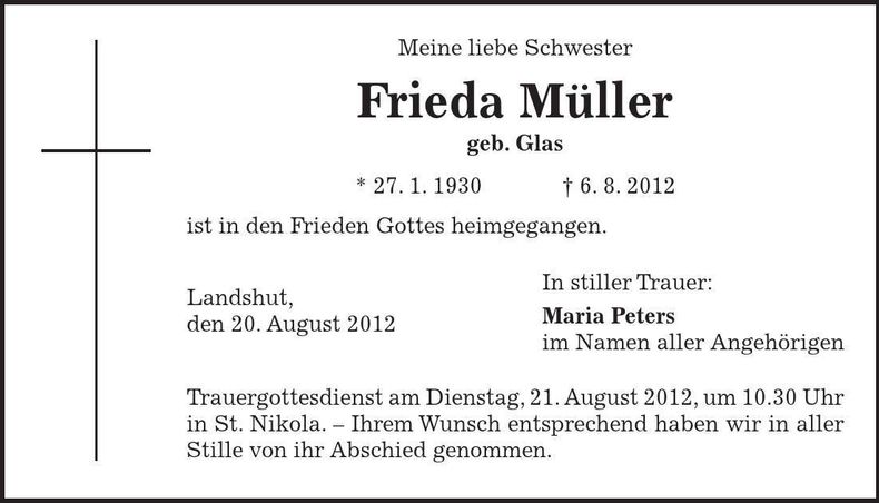 Traueranzeige Frieda Müller