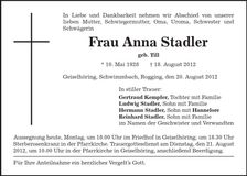 Traueranzeige Anna Stadler