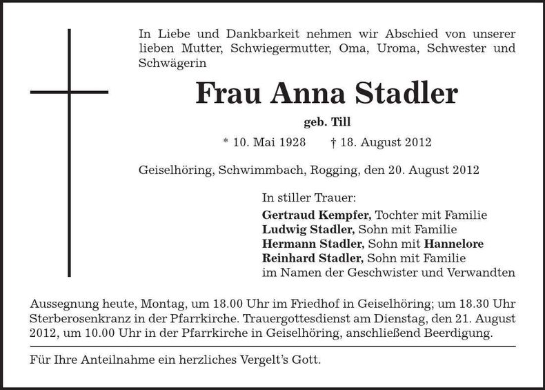 Traueranzeige Anna Stadler