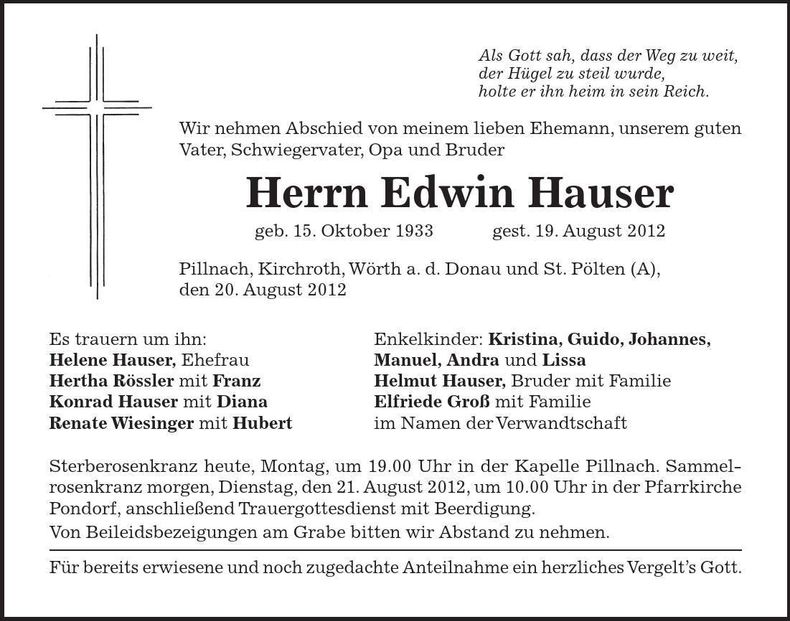 Traueranzeige Edwin Hauser