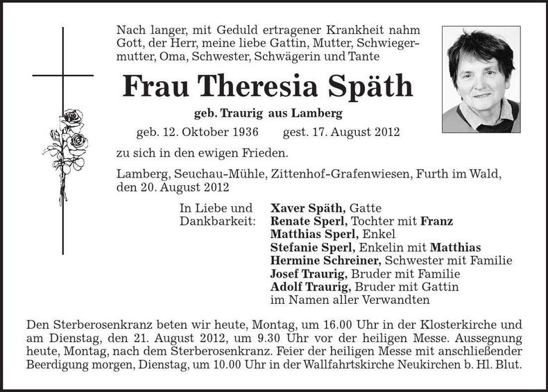 Traueranzeige Theresia Späth