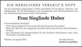 Traueranzeige Sieglinde Huber