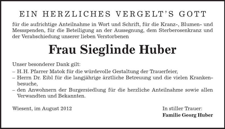 Traueranzeige Sieglinde Huber