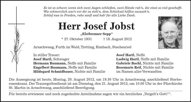 Traueranzeige Josef Jobst
