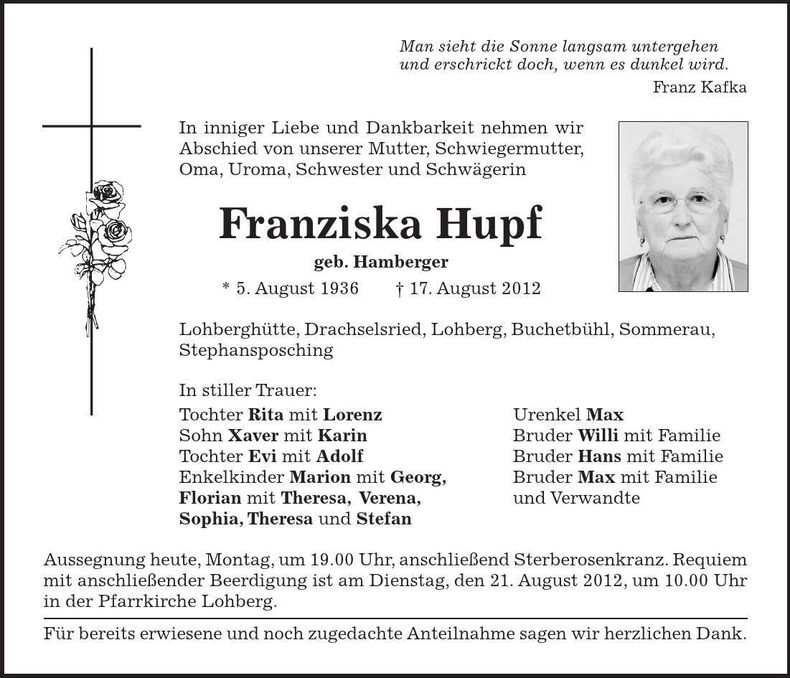Traueranzeige Franziska Hupf
