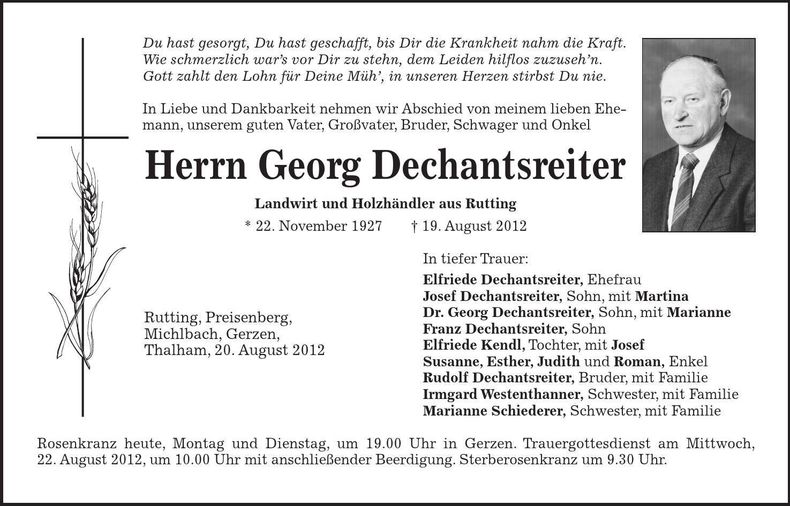 Traueranzeige Georg Dechantsreiter
