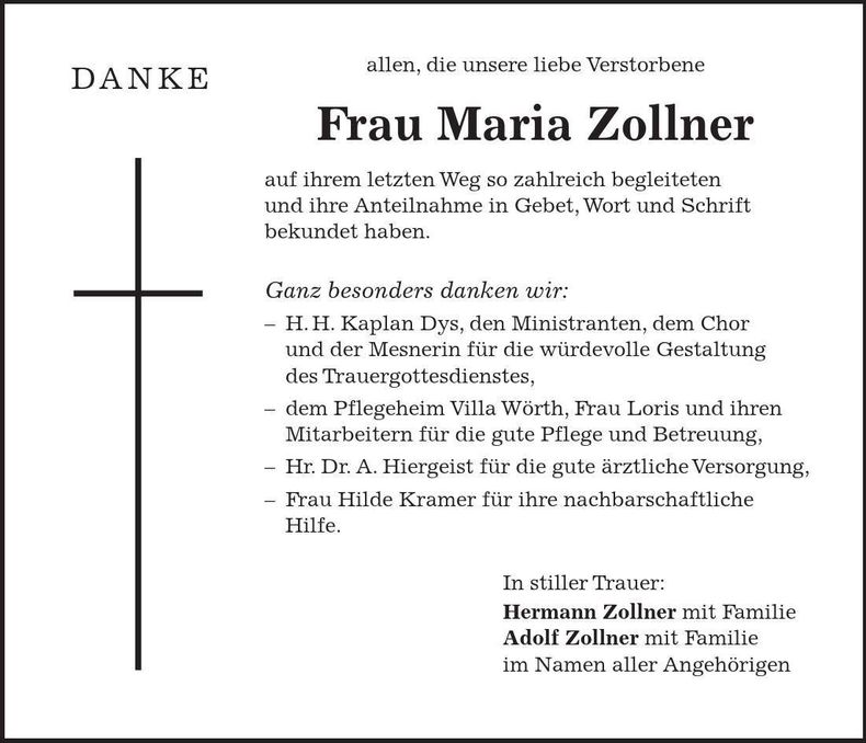 Traueranzeige Maria Zollner