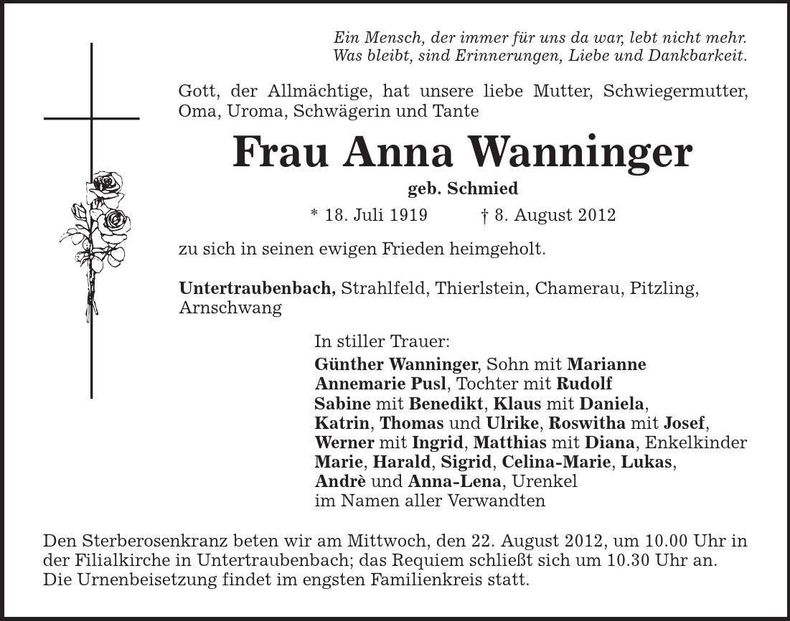 Traueranzeige Anna Wanninger