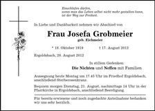 Traueranzeige Josefa Grobmeier