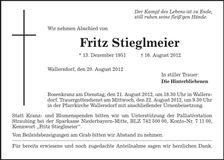 Traueranzeige Fritz Stieglmeier