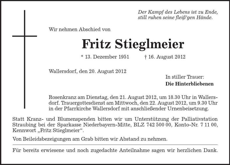 Traueranzeige Fritz Stieglmeier