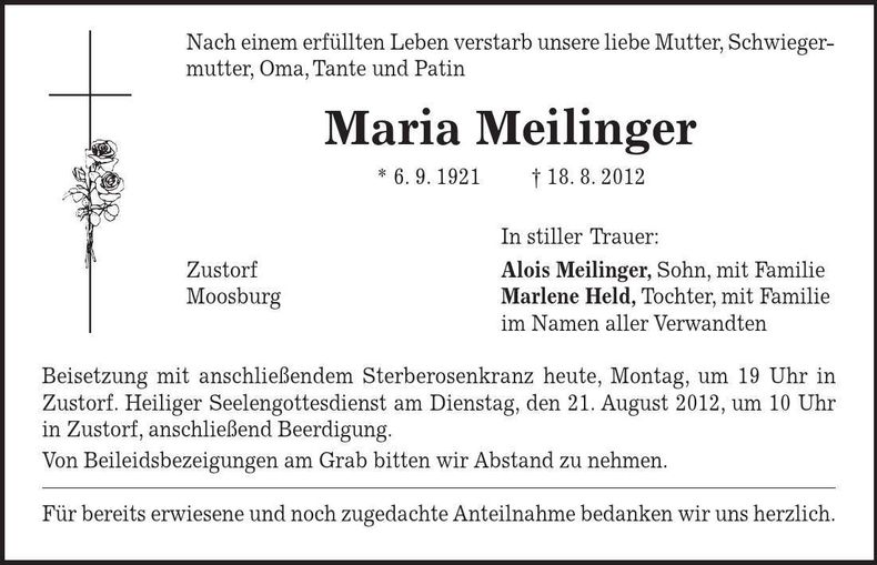 Traueranzeige Maria Meilinger