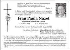 Traueranzeige Paula Nazet