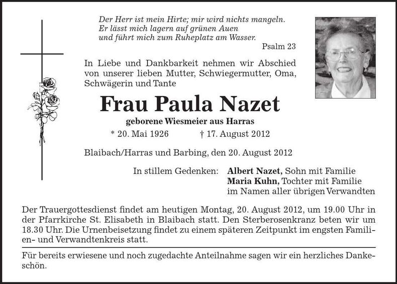 Traueranzeige Paula Nazet