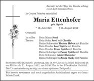 Traueranzeige Maria Ettenhofer