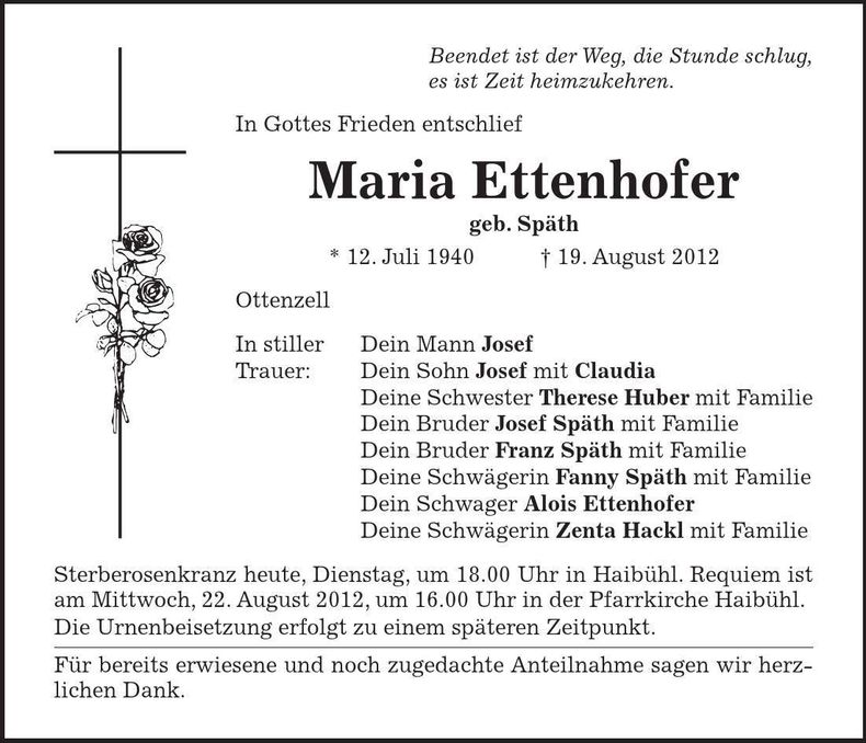 Traueranzeige Maria Ettenhofer