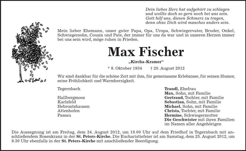 Traueranzeige Max Fischer