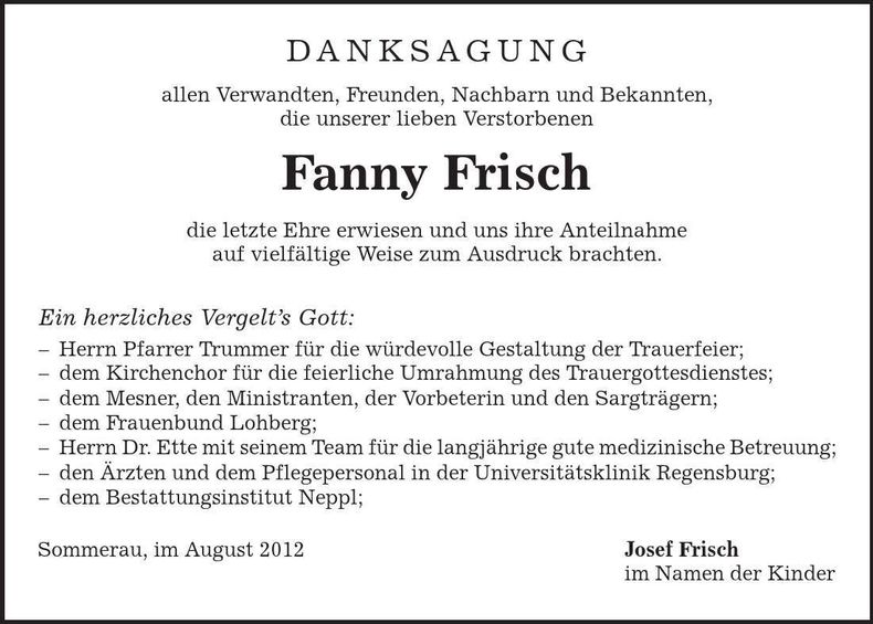Traueranzeige Fanny Frisch