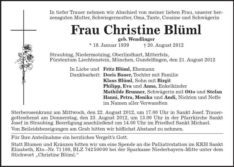 Traueranzeige Christine Blüml