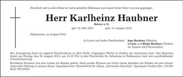 Traueranzeige Karlheinz Haubner