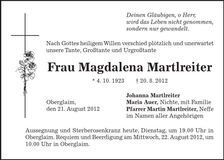Traueranzeige Magdalena Martlreiter