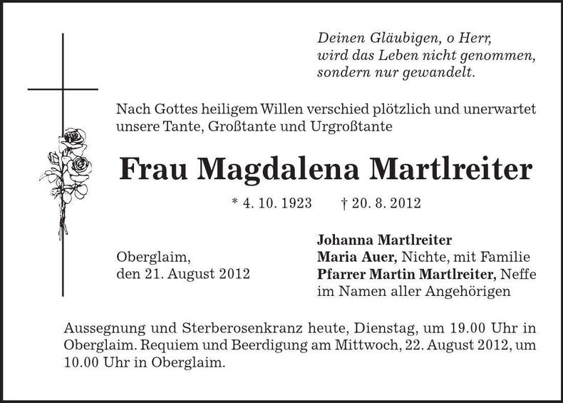 Traueranzeige Magdalena Martlreiter