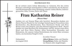 Traueranzeige Katharina Reiser