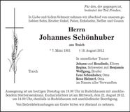 Traueranzeige Johannes Schönhuber
