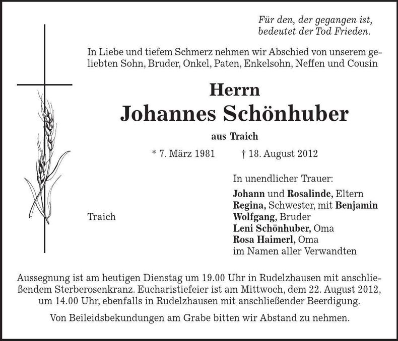 Traueranzeige Johannes Schönhuber