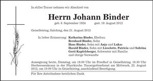 Traueranzeige Johann Binder