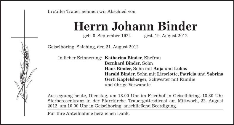 Traueranzeige Johann Binder