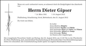 Traueranzeige Dieter Gipser