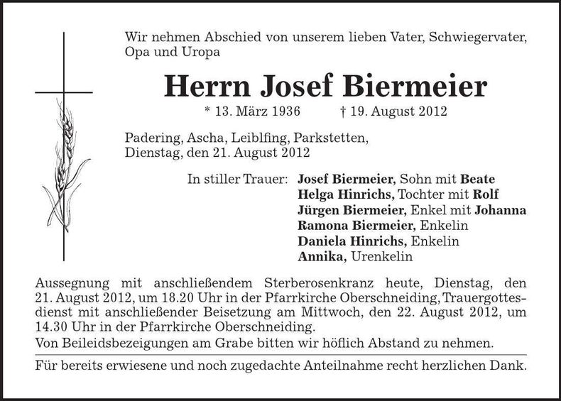 Traueranzeige Josef Biermeier