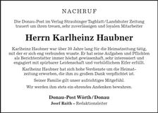 Traueranzeige Karlheinz Haubner