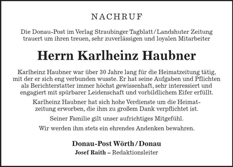 Traueranzeige Karlheinz Haubner