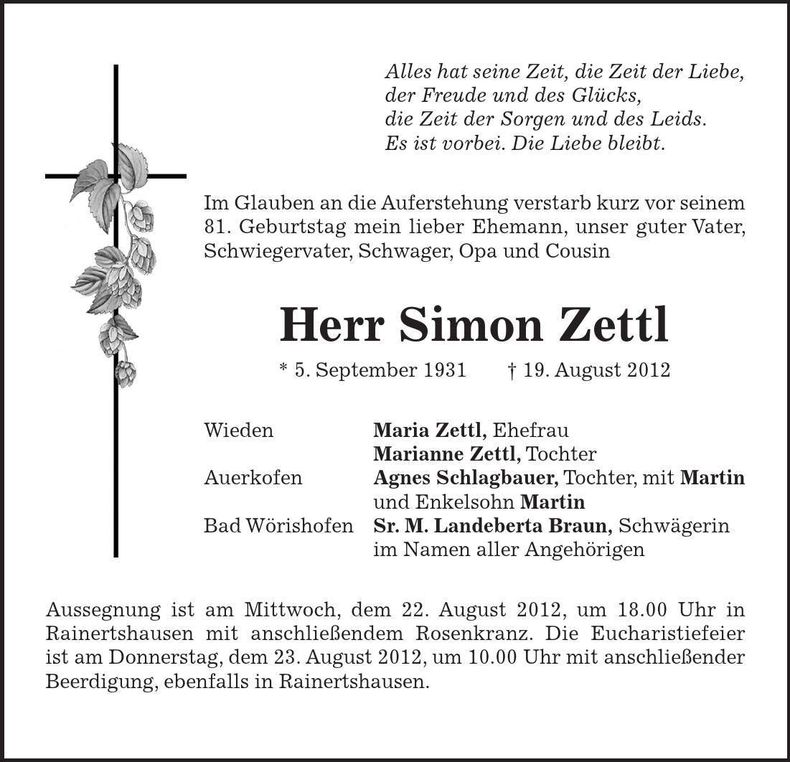 Traueranzeige Simon Zettl