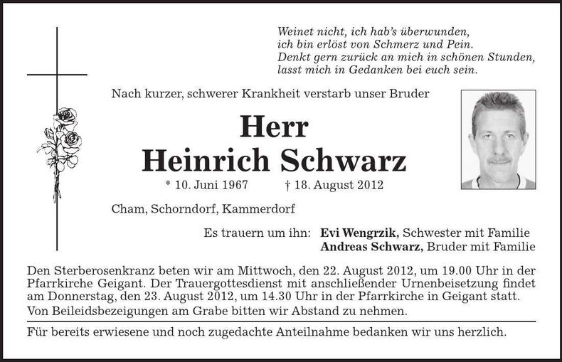 Traueranzeige Heinrich Schwarz