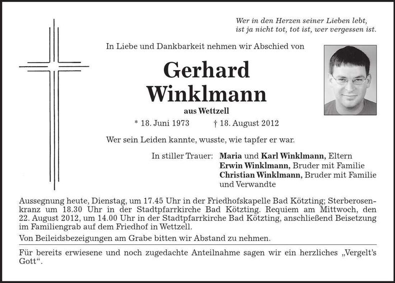 Traueranzeige Gerhard Winklmann