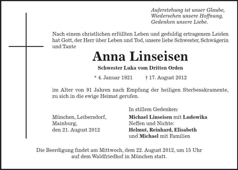 Traueranzeige Anna Linseisen