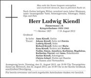 Traueranzeige Ludwig Kiendl