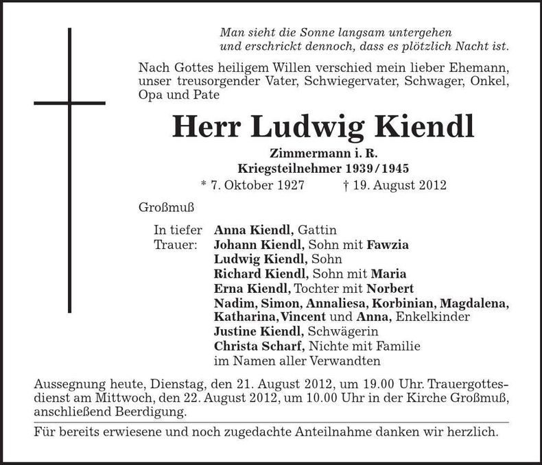 Traueranzeige Ludwig Kiendl