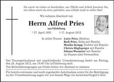 Traueranzeige Alfred Pries