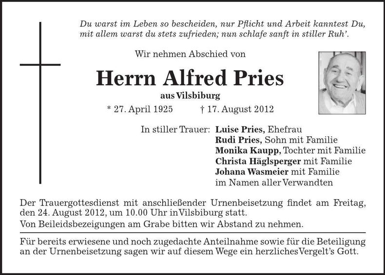 Traueranzeige Alfred Pries